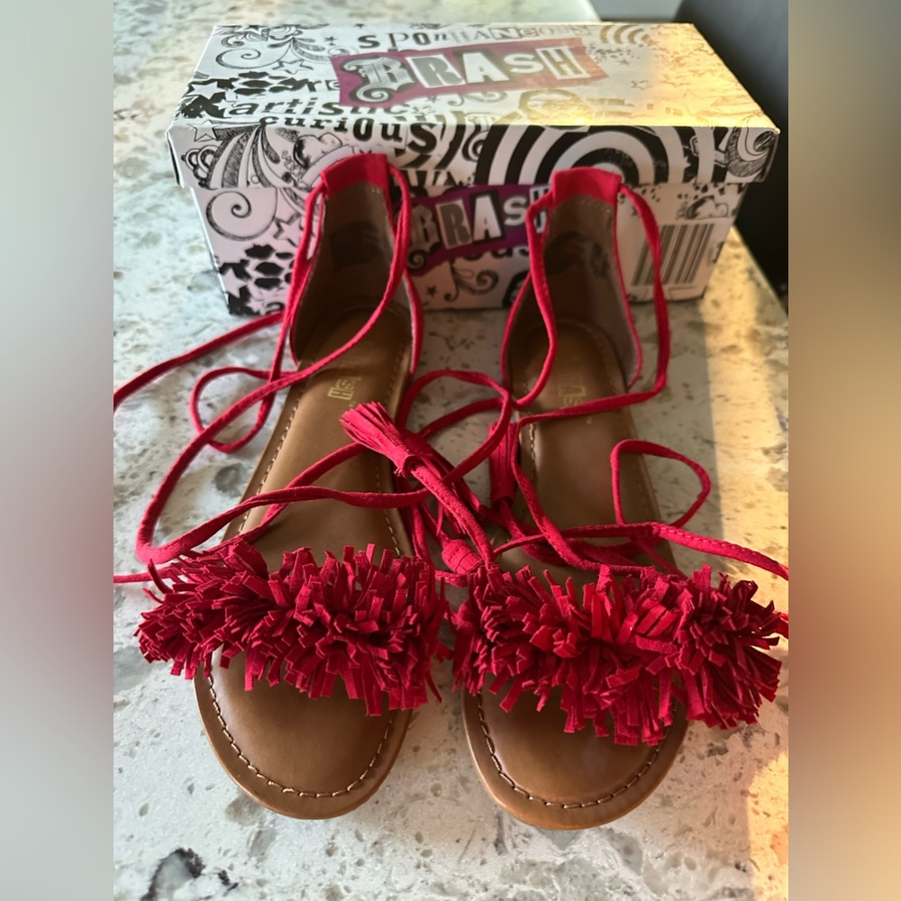 Brash Women's Red Trixie Tie Up Sandals Flat Size 6 Tassled